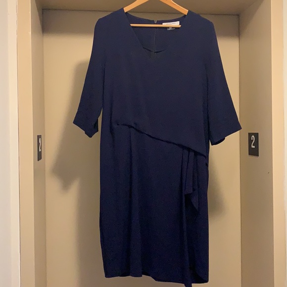 GERARD DAREL Navy Blue Dress Shift 3/4 Sleeve Drape Wrap Skirt - Picture 2 of 6